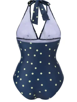 Best Retro Stage Blue 1960s Polka Dot Patchwork Halter Swimsuit Navy Blue