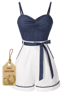 Sale Retro Stage Blue 1940s Polka Dot Patchwork Suspender Romper