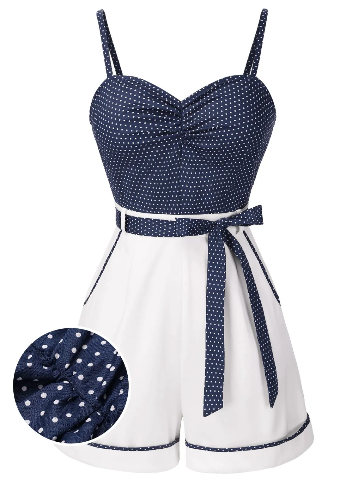 Sale Retro Stage Blue 1940s Polka Dot Patchwork Suspender Romper