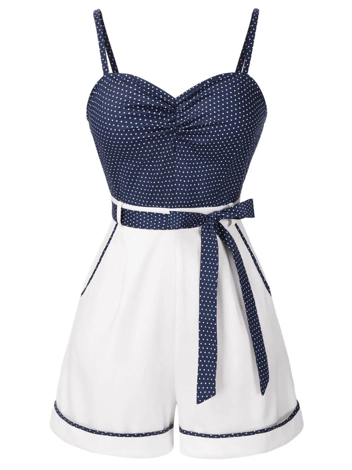 Sale Retro Stage Blue 1940s Polka Dot Patchwork Suspender Romper