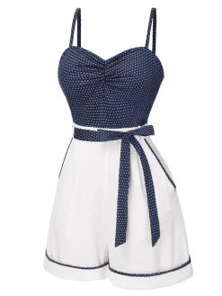 Sale Retro Stage Blue 1940s Polka Dot Patchwork Suspender Romper