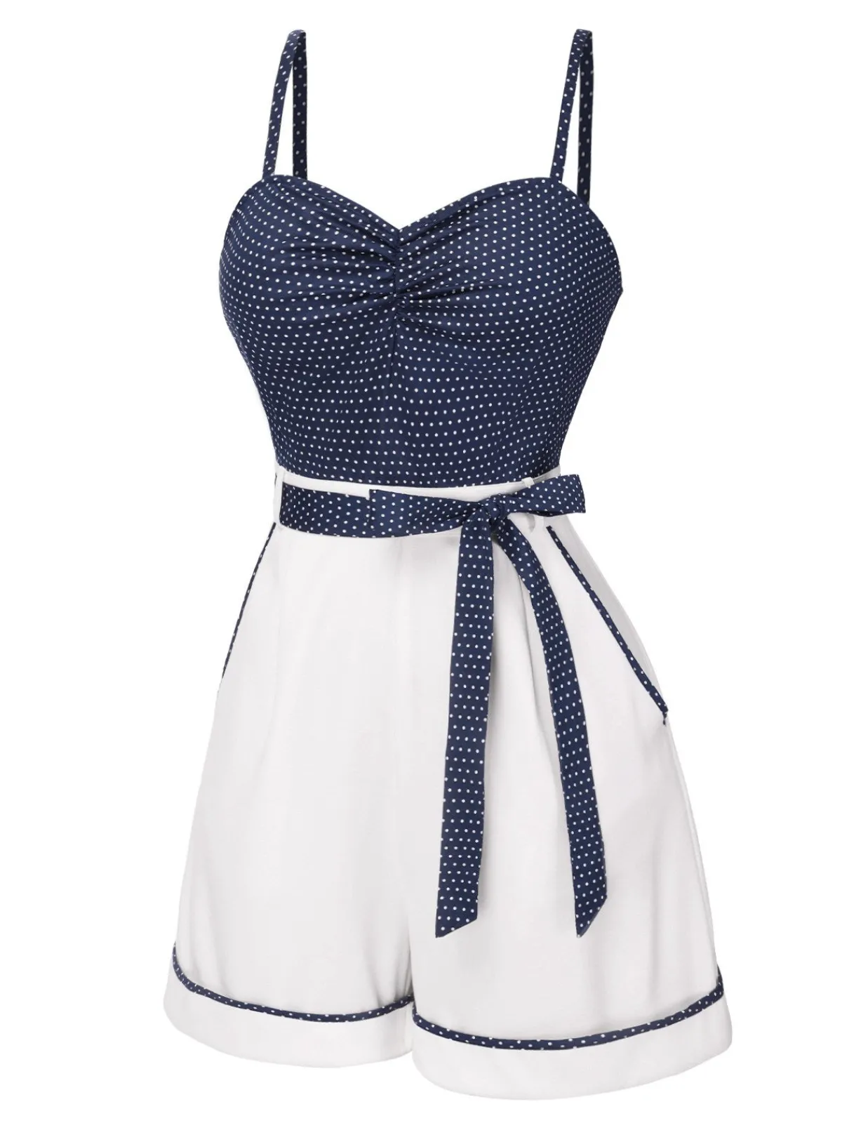 Sale Retro Stage Blue 1940s Polka Dot Patchwork Suspender Romper