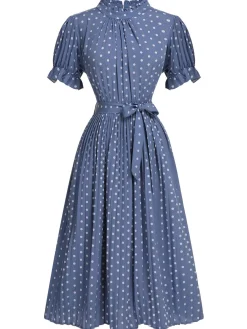 Fashion Retro Stage 1930s Polka Dots Bow Tie Pleated Dress Blue