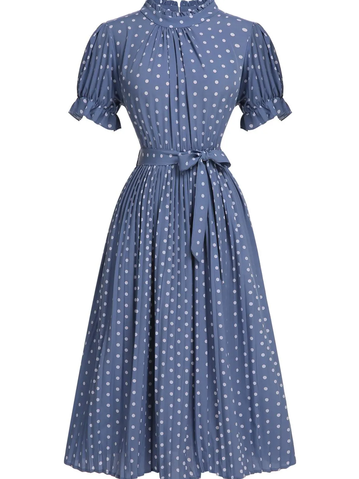 Fashion Retro Stage 1930s Polka Dots Bow Tie Pleated Dress Blue