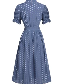 Fashion Retro Stage 1930s Polka Dots Bow Tie Pleated Dress Blue