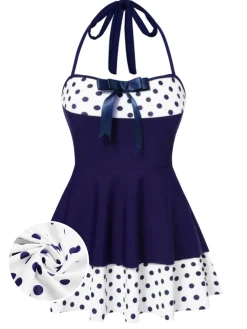Fashion Retro Stage 1940s Polka Dots Patchwork Halter Swimdress Blue