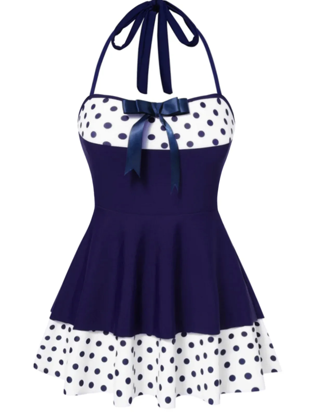 Fashion Retro Stage 1940s Polka Dots Patchwork Halter Swimdress Blue