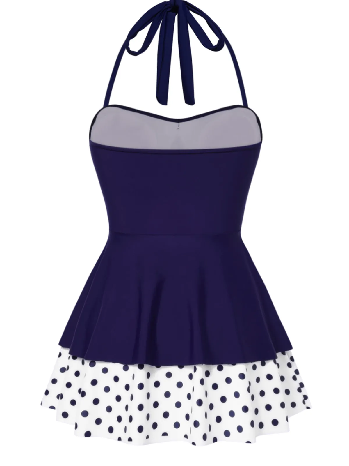 Fashion Retro Stage 1940s Polka Dots Patchwork Halter Swimdress Blue