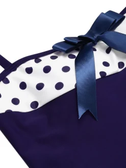 Fashion Retro Stage 1940s Polka Dots Patchwork Halter Swimdress Blue
