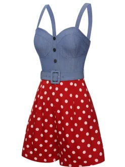 Discount Retro Stage Blue 1960s Polka Dots Spaghetti Straps Romper Blue & Red