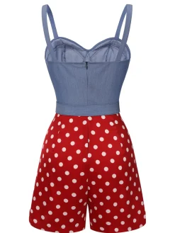 Discount Retro Stage Blue 1960s Polka Dots Spaghetti Straps Romper Blue & Red