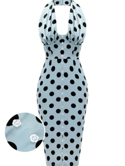 Clearance Retro Stage 1960s Polks Dots Pencil Dress Blue