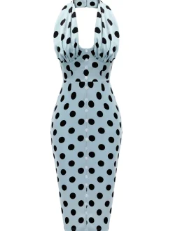 Clearance Retro Stage 1960s Polks Dots Pencil Dress Blue