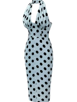 Clearance Retro Stage 1960s Polks Dots Pencil Dress Blue