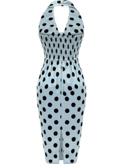Clearance Retro Stage 1960s Polks Dots Pencil Dress Blue