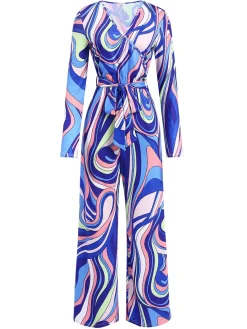 Fashion Retro Stage 1980s Psychedelic Print Tie-Waist Jumpsuit Blue