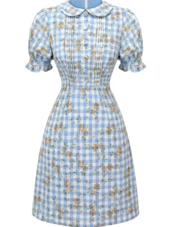 Discount Retro Stage 1960s Puff Sleeve Floral Plaid Dress Blue