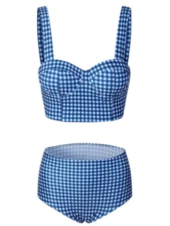 Hot Retro Stage 1950s Retro Plaid Strap Bikini Set Blue