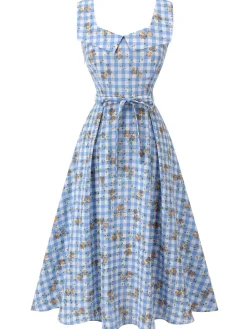 Discount Retro Stage 1940s Rose Gingham Lace Up Dress Blue