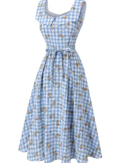 Discount Retro Stage 1940s Rose Gingham Lace Up Dress Blue