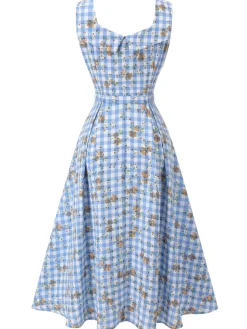 Discount Retro Stage 1940s Rose Gingham Lace Up Dress Blue