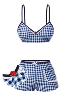 New Retro Stage Blue 1930s Rose Gingham Plaid Straps Swimsuit Deep Blue