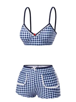 New Retro Stage Blue 1930s Rose Gingham Plaid Straps Swimsuit Deep Blue