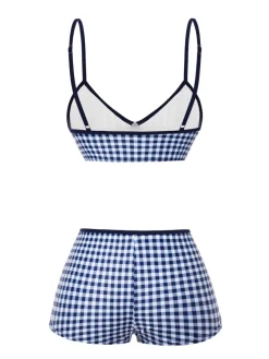 New Retro Stage Blue 1930s Rose Gingham Plaid Straps Swimsuit Deep Blue