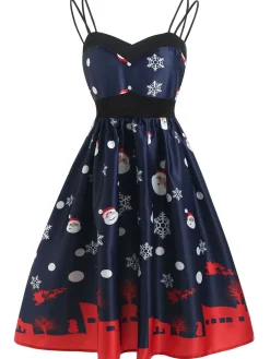 Fashion Retro Stage 1950s Santa Claus Snowfall Dress Blue