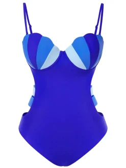 Clearance Retro Stage 1950s Seashell Hollow One-Piece Swimsuit Blue