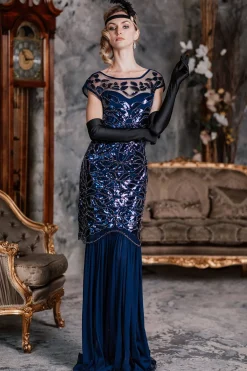 Online Retro Stage 1920s Sequin Maxi Dress Blue