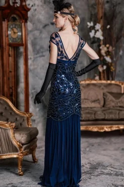 Online Retro Stage 1920s Sequin Maxi Dress Blue