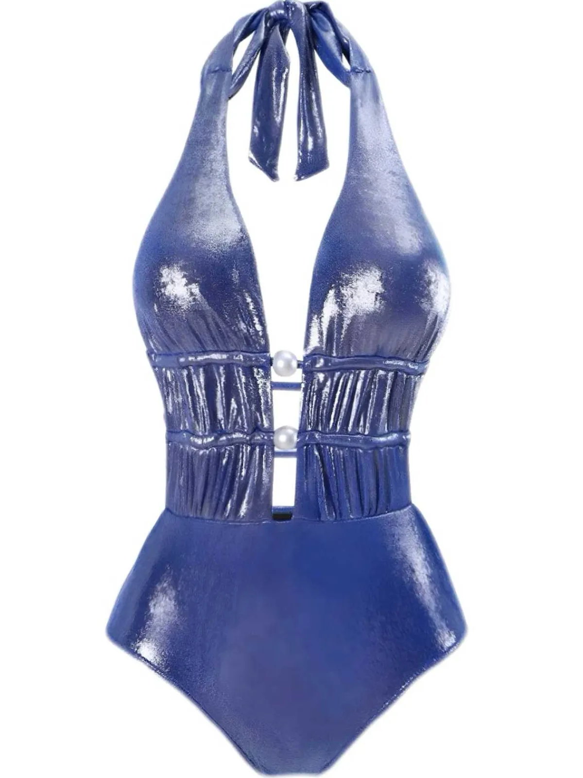 Discount Retro Stage 1970s Shimmery Halter Pearl One-Piece Swimsuit Blue