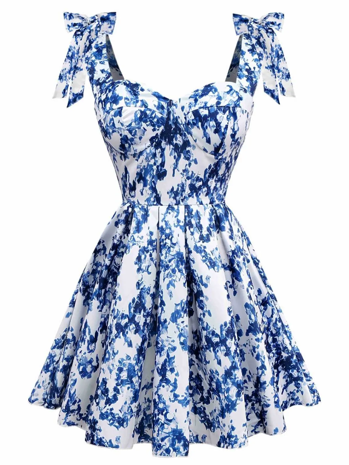 New Retro Stage 1960s Shoulder Tie Floral Skater Dress Blue
