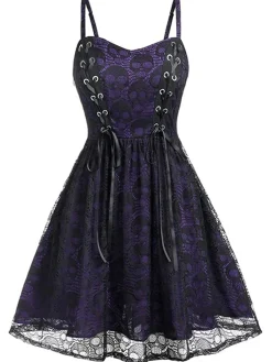 Clearance Retro Stage Blue 1980s Skull Pattern Gothic Style Dress