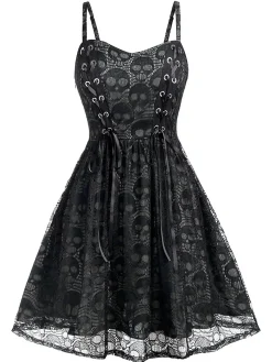 Clearance Retro Stage Blue 1980s Skull Pattern Gothic Style Dress