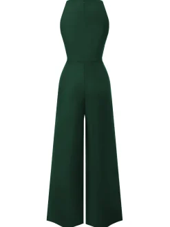 Discount Retro Stage Blue 1950s Sleeveless Buttoned Solid Jumpsuit