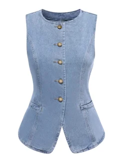 Outlet Retro Stage 1940s Sleeveless Denim Vest Blue
