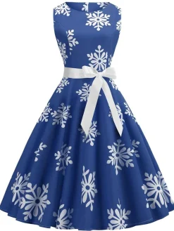 Sale Retro Stage 1950s Snowflake Bow Swing Dress Blue