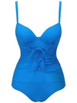 Discount Retro Stage 1950s Solid Added Strap Swimsuit Blue