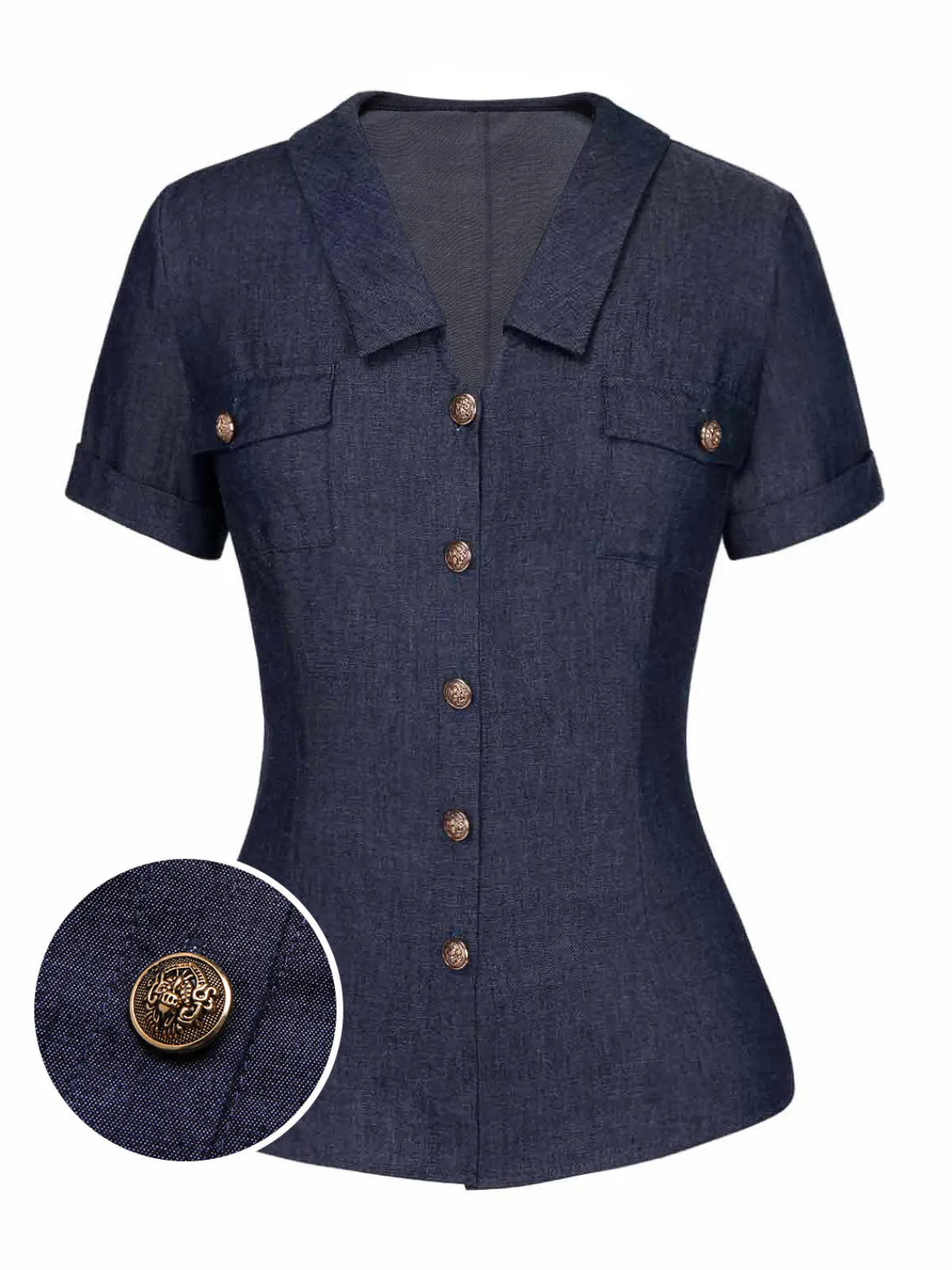 Sale Retro Stage 1940s Solid Button Lapel Blouse Blue