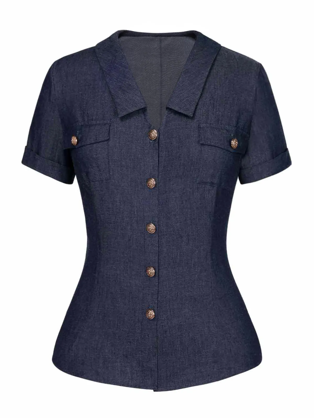 Sale Retro Stage 1940s Solid Button Lapel Blouse Blue
