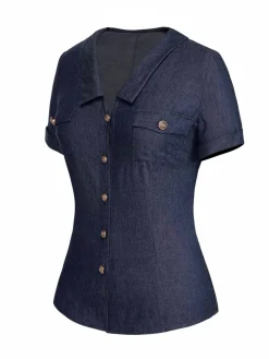 Sale Retro Stage 1940s Solid Button Lapel Blouse Blue