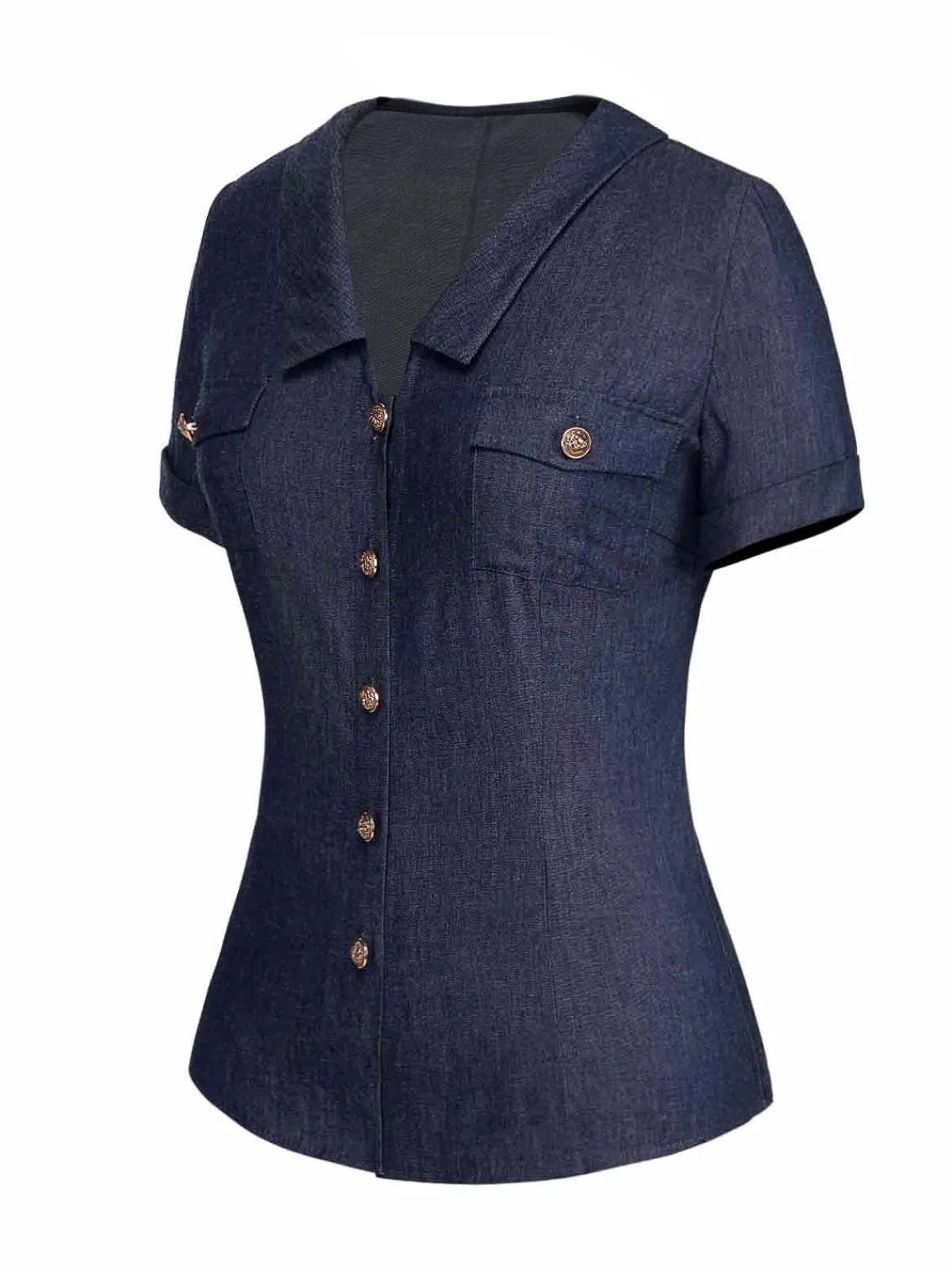 Sale Retro Stage 1940s Solid Button Lapel Blouse Blue