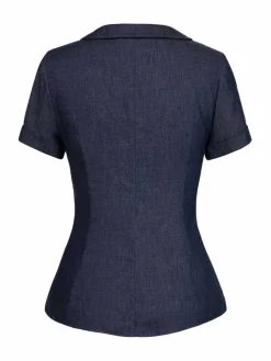 Sale Retro Stage 1940s Solid Button Lapel Blouse Blue