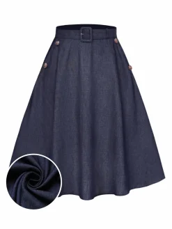 Fashion Retro Stage 1940s Solid Button Skirt WIth Belt Blue