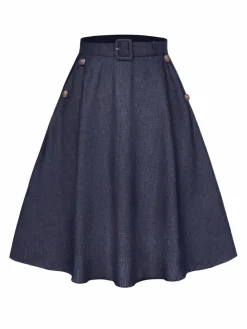 Fashion Retro Stage 1940s Solid Button Skirt WIth Belt Blue