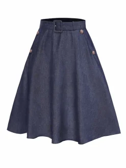 Fashion Retro Stage 1940s Solid Button Skirt WIth Belt Blue