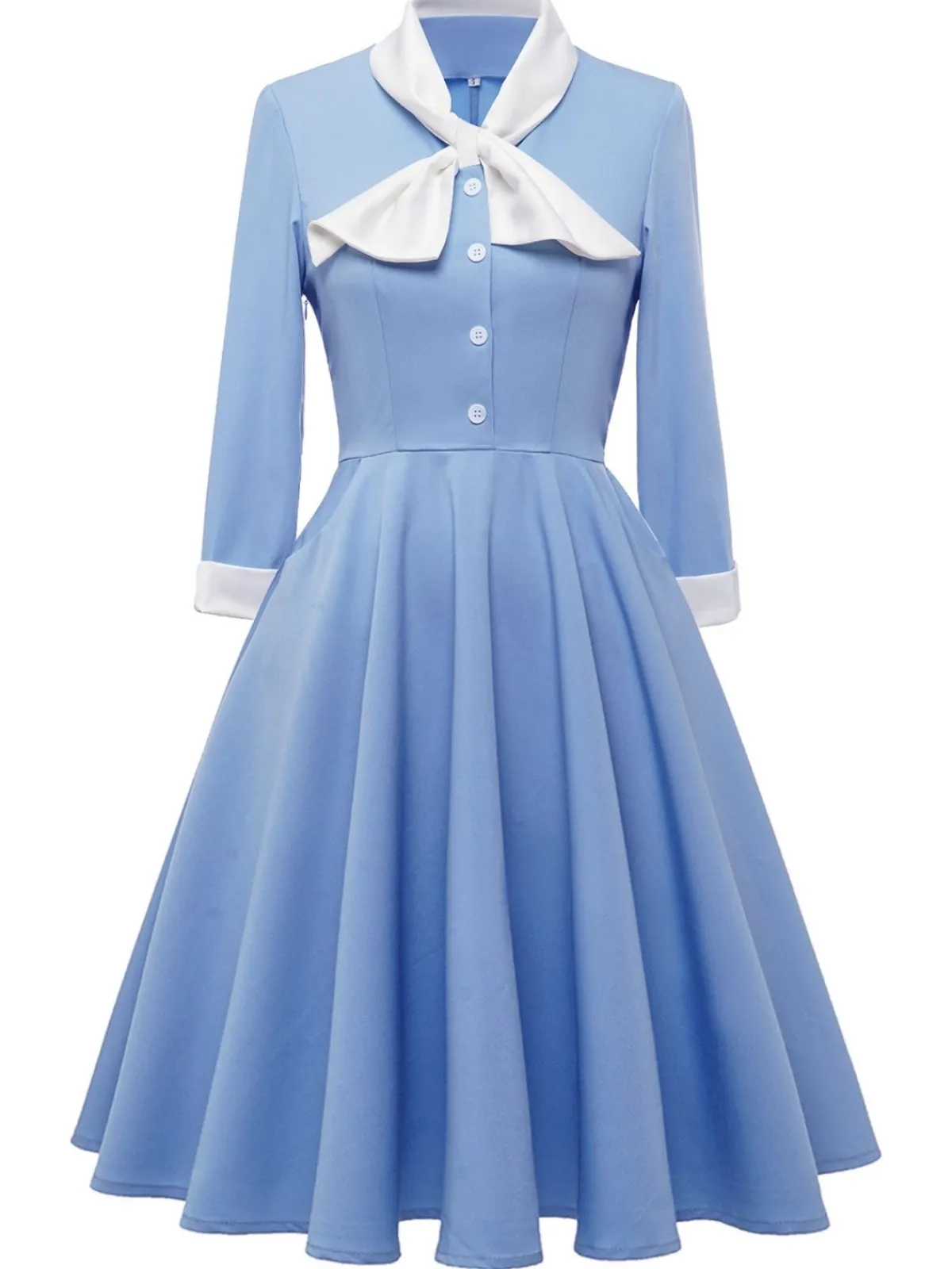 Hot Retro Stage 1950s Solid Button Swing Dress Blue