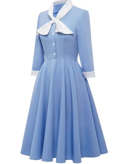 Hot Retro Stage 1950s Solid Button Swing Dress Blue